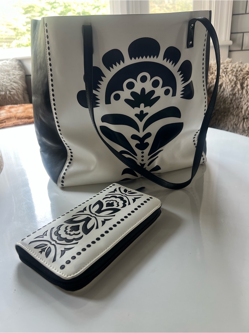 Vera Bradley Black and White Floral Tote with Zip Wallet